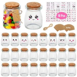 YlYADl Petits Pots en Verre 100 ml [Lot de 24] - Verre Bocaux avec Couvercles en Liège,Pots de Bonbons en Verre Epices pour Cuisine Confitures Conservation Mariage Fêtes Cadeaux (Lamber International Trade Kft., neuf)