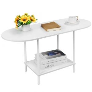 Shinoske Table Basse Salon, Table Basse Ovale avec étagère, Table de Canapé en Bois, Petite Table Basse, Design Moderne, 90 x 40 x 47cm, Blanc (HEOMU, neuf)
