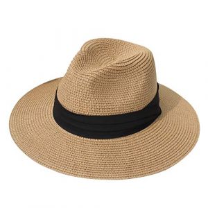 DRESHOW Femme Homme Chapeau de Paille Panama Chapeau Été Large Bord Chapeau de Soleil Anti-UV pour Plage Voyage Fedora Chapeau de Soleil (Dreshow, neuf)