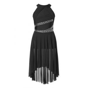 Miutii Robe de danse lyrique &agrave; paillettes pour enfant fille - Robe de patinage artistique avec jupe asym&eacute;trique - Robe de danse contemporaine et moderne, Noir , 170-176 (Miutii, neuf)