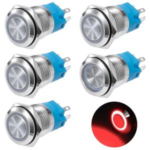 GUNGY Bouton Poussoir Verrouillage 19mm Interrupteur Poussoir 12V/24V DC 3A Étanche Interrupteur à Bouton-poussoir en Laiton Chromé avec Lumière LED Anneau Rouge 5 Pièces (Aprilbee, neuf)