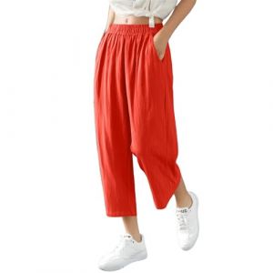 Pantalon Fluide Femme Été Lin Pantacourt Femme Lin Léger Chic et Elegant de Travail Pantalons Linen Pants Women Palazzo Boheme Yoga et Pilates Pantacourt Taille Elastique Vetement(Rouge,XXL) (uxxnjfg, neuf)