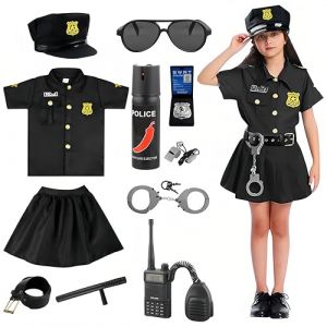 Deguisement Policier Enfant Costume de Policier Fille avec Ceinture Talkie-Walkie Lunettes de Soleil Sifflet Chapeau Menottes Déguisement Policier Pour Carnaval Halloween NOËL Fêtes 5-10 Ans.(M) (Atddo Technology Company Limited, neuf)