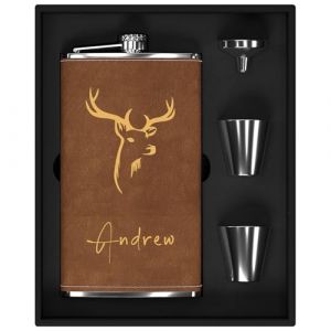 Flasque a Alcool Personnalisé, Flasque Whisky en Inox 304 12oz/355ml Personnalisable avec Motif de Cerf, Fiole Alcool Personnalisé pour Cadeau Homme (Marron) (Step DIY, neuf)