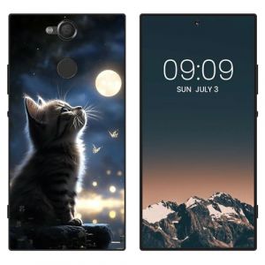 WUACYEAMING Noir Coque pour Sony Xperia XA2, Haute Qualit&eacute; TPU Silicone Mince Souple Antichoc Bumper avec La Lune et Le Chat Motif Dessin Mat Case (WUACYEAMING, neuf)