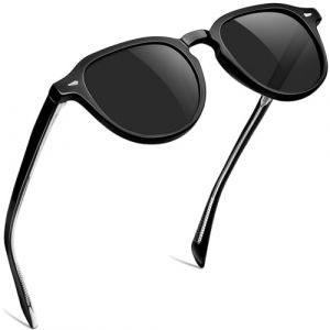 KANASTAL Lunettes de Soleil Femme Polaris&eacute;es R&eacute;tro Lunette de Soleil Ronde Homme Vintage L&eacute;ger Cadre TR90 avec Branches en Ac&eacute;tate Protection UV400, Cadre Noir Brillant et Verre Noire (kanastal, neuf)