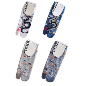 Lot de 4 paires de chaussettes japonaises en coton &agrave; bout fendu, style kimono, sandales, tabi, ninja, geta, geisha, pour hommes, A-21 (Fancy Pumpkin, neuf)
