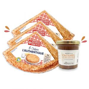 GOUTER BRETON - Lot de 3 SACHETS de Cr&ecirc;pes L'Authentique PAYSAN BRETON *6 (18 cr&ecirc;pes) + 1 POT au Caramel Beurre Sal&eacute; BRIEUC de 210g (Les cr&ecirc;pes Paysan Breton, neuf)