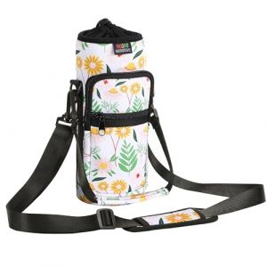 Nuovoware Sac à Bouteille en Néoprène, 750ml Porte-Bouteille avec Bandoulière Dragonne Ajustable, Sac Fourre-Tout avec Poche, Accessoire Parfait pour Voyage Randonnée Camping - Marguerite Jaune (Joiel EU, neuf)