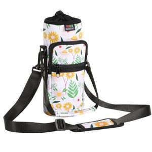 Nuovoware Sac à Bouteille en Néoprène, 25oz/710ML Porte-Bouteille avec Bandoulière&Dragonne Ajustable, Sac Fourre-Tout avec 2 Poche, Accessoire Parfait pour Voyage Randonnée Camping - Marguerite Jaune (Joiel EU, neuf)