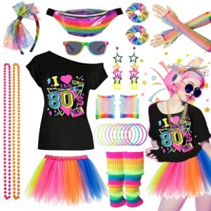 27 pi&egrave;ces accessoires de costume des ann&eacute;es 80 - Robe de soir&eacute;e disco des ann&eacute;es 90 - N&eacute;on - T-shirt tutu - Bracelet fantaisiste - Sac banane - Ensemble de lunettes - Bracelet - Colliers - Jambi&egrave;res (rongjia-ww, neuf)