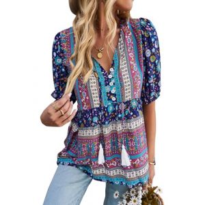 CNTSFS Chemisier &eacute;l&eacute;gant et d&eacute;contract&eacute; pour femme, style boh&egrave;me, col en V, motif floral, tunique ample, manches longues, pour l&rsquo;&eacute;t&eacute;, Bleu marine, L (CNTSFS, neuf)