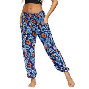 Nuofengkudu Femme Harem Pantalon Sarouel Thaïlandais Hippie Baggy Léger Boho Ethnique Smockée Taille Haute avec Poches Yoga Pants Été Plage (Y-Bleu Floral,Taille Unique) (better Life, neuf)