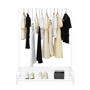 HUOLE Portant a Vetement, Double, pour Chambre, Robuste, en Métal, avec Support pour Support à Chaussures, des Cintres Chemises, des Pantalons, des Vestes Fines-110 * 46 * 157 cm-blanc (Hechheu, neuf)