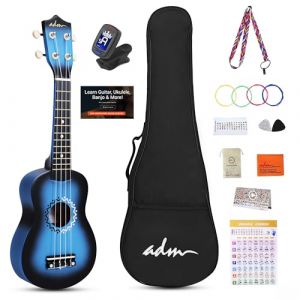 ADM Ukulélé soprano 21 Pouces Débutant Ukulélé Kit pour enfants et débutants avec sac, accordeur, cordes arc-en-ciel, sangle colorée, médiator, autocollant de touche, carte d'accord(bleu dégradé) (GZAiyun, neuf)