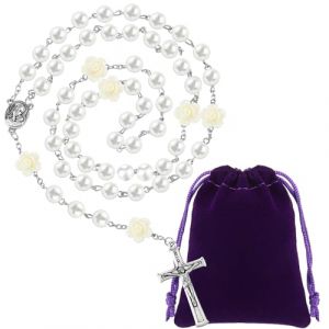 Otuuz Chapelet Catholique avec Sac Cadeau en Velours Chapelet en Perles de Verre Blanc Collier Rosaire Élégant Chapelet Chrétien Perle de Prière Catholique Cadeau de Première Communion pour Femme (Starrywpsky, neuf)
