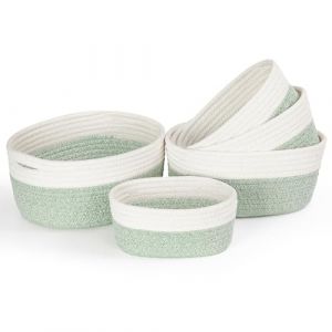 Vikcvcsc Lot de 5 Panier Rangement en Corde de Coton, Panier Rangement Bébé, Panier Rangement Salle de Bain, Panier de Rangement, Panier Table a Langer Bebe, Corbeille Rangement, Blanc & Vert (Avokuya, neuf)