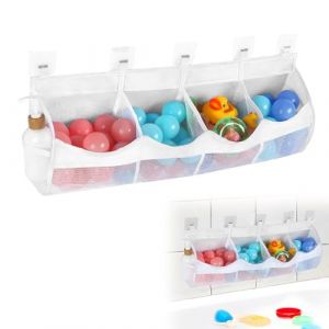 Rangement Jouet Bain, Filet Jouet Bain Bebe Organisateur de Jouets de Bain avec 5 Crochets, Sac de Rangement pour Jouets de Bain Porte-jouets de Baignoire pour Jouets de Bain avec 4 Compartiments (WOSHUKJ, neuf)