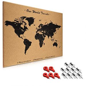 Navaris Tableau d'affichage en liège - Panneau mural 70 x 50 cm avec 15 punaises rouges et argentées incluses - Tableau mémo design carte du monde (SX-Commerce, neuf)