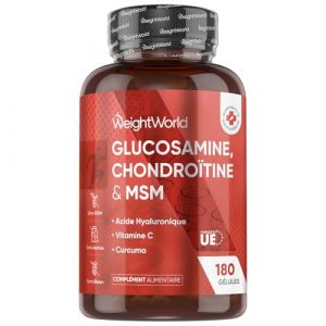 Glucosamine Chondro&iuml;tine MSM Vitamine C 180 G&eacute;lules, Enrichi en Curcuma, Acide Hyaluronique & Vit C Acide L Ascorbique sans OGM, sans Gluten & Lactose, Complexe Glucosamine Chondro&iuml;tine (Comfort Click, neuf)