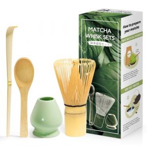 4 Pièces Matcha kit ceremonie japonais, Fouet matcha naturel, Cuillère en bambou, pelle en bambou, Porte-Fouet, Coffret matcha pour la cérémonie du thé, la boisson - Bleu céladon (HUAN Shop, neuf)