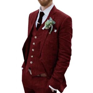 Wehilion Costume rétro en lin pour homme - Costume d'été - Coupe ajustée - 3 pièces - Léger - Veste - Gilet - Pantalon de smoking, bordeaux, Taille L (chenfeixiejinshangmao, neuf)
