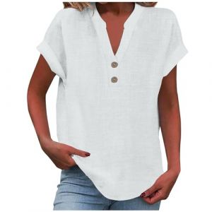 2025 Chemise Lin Femme Coton Et Lin Chemisier élégant à col en V Femme Manches Courtes Henley Chemisier Couleur Uni Tee Shirt été Haut Top Respirant T-Shirts Grande Taille Tunique Blouse Pas Cher (GMGM  (Économisez 50% sur 1 des 2 articles), neuf)