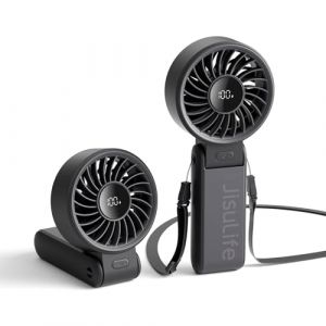 JISULIFE Ventilateur portable Life7, ventilateur portable avec écran LED [refroidissement maximum 19,5 heures] 5000 mAh, plié à 150 °, 5 vitesses, lanière ; Éventail 3-EN-1 Main/Bureau/Cou - Noir (JISULIFE-EU, neuf)