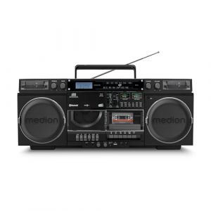 MEDION P66538 Enregistreur à cassettes (Ghettoblaster rétro avec lecteur CD, années 80, grand, USB, SD, CD, cassettes MC, radio DAB+ antenne télescopique, Bluetooth, platine cassette, fonction enregis (medionshop-deutschland, neuf)