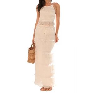 WangsCanis Ensemble de 2 pièces pour femme avec jupe longue sans manches dos nu et haut court plissé, jupe maxi fluide sexy d'été deux pièces, Volant blanc, S (redstrong, neuf)