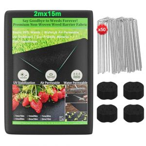 OUNUO Toile de Paillage 2m x 15m avec 50 Piquets, G&eacute;otextile Non Tiss&eacute; 100 g/m&sup2;, Anti-Mauvaises Herbes Tissu, Perm&eacute;able &agrave; l'eau, R&eacute;siste Rayons UV, R&eacute;sistant, Noir (KIDSFunShop, neuf)