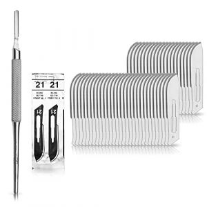 Set avec 50 x lames de scalpel N&deg; 21 - Lame st&eacute;rile en acier au carbone et 1 x May - manche de scalpel Figure N&deg; 4 avec manche rond en acier inoxydable (Instruments en acier inoxydable de marque May, neuf)