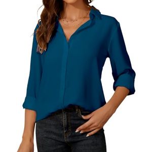 Chemisier Blanc Femme Chic Et élégant à Manches Longues pour Femme - Chiffon Chemisier avec Boutons - Col en V Haut Décontracté - pour Le Bureau Travail pour Femme Blouse (SpringSeaon, neuf)