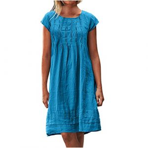 Robe Ete Femme en Lin Mi Longue Pliss&eacute;e T-Shirt Robe de Travail Chic et Elegant D&eacute;contract&eacute;e Couleur Unie Manche Courte Jupe V&ecirc;tements Femme Cotton en Line Chemise Robes De Soleil (⭐⭐⭐⭐⭐Susenstone, neuf)