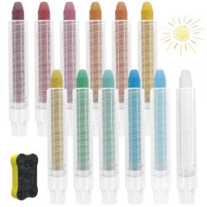Sheryl&Rain Craies Ext&eacute;rieures Enfant Sans Poussi&egrave;re,12 Pi&egrave;ces Craie Pour Tableau Noir Craies Couleur Avec 12 Porte Craie R&eacute;tractile,Hydrosoluble non Toxiques Grosse Crai Enfant Ext&eacute;rieur (JiusanTech, neuf)