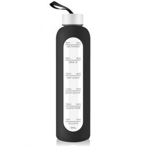 Bouteille d'eau en verre de 1 litre avec couvercle en acier inoxydable &ndash; Bouteille de sport de 1 000 ml avec marqueur de temps, r&eacute;utilisable et incassable en silicone pour fitness, gym, ext&eacute;rieur, (Gistome Direct, neuf)