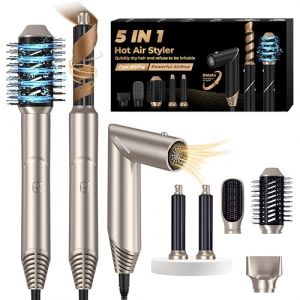 Air Styler 5 en 1 Air Brush Brosse Chauffante Brushing S&egrave;che-Cheveux Ionique 5 en 1 Brosse Soufflante Airstyler Boucleur a Cheveux &agrave; Air Brosse &agrave; Lissante Ensemble Airbrush Coiffure Femmes, Or (UMIGA Beauty Solutions, neuf)