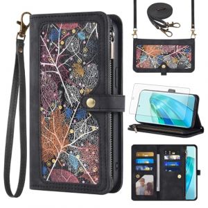 Asuwish Coque pour Honor Magic 5 Lite 5G/X9A/X40 Portefeuille avec Verre Tremp&eacute; et Cordon Porte Carte Chaine PU Cuir &agrave; Clapet &Eacute;tui Housse Support Magic5 5Lite T&eacute;l&eacute;phone Case Fleur Vitre Femme Noir (Asuwish YFCH UK Store, neuf)