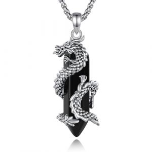 CELESTIA Collier Dragon Pendentif Obsidienne Noire Tourmaline avec R&eacute;glable Chaine Acier Inoxydable Bijoux Viking Gothique, Idée Cadeau Original Femme/Homme Anniversaire (CELESTIA, neuf)