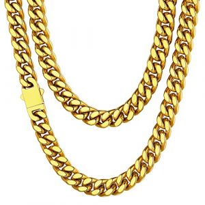 Collier Acier 76 cm Cubaine Chaîne Homme Dore Pour Pendentif Massif Grosse Gourmette Femme Garçon Enfant Maille Ras de Cou Gros Cadeau Fêtes Pères Noël Choker Hip Hop Rappeur 157g (ChainsHouse Jewellery, neuf)