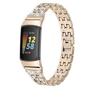 Chofit Bracelet de rechange compatible avec Fitbit Charge 5, bracelet bling bling bling strass m&eacute;tallique en acier inoxydable bracelet pour tracker d'activit&eacute; Charge 5 pour femme (dor&eacute;) (Jiujunshiye, neuf)
