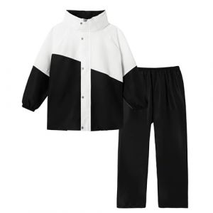 Volunboy Enfants Imperméable à Capuche Boutons Manteau Veste de Pluie et Pantalon Combinaison pour Fille Garçon(13-14 ans,Noir Blanc,4XL) (Volunboy, neuf)