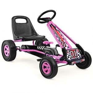 GOPLUS Kart à Pédales Enfants, Siège Réglable,Avancer et Reculer, avec Embrayage et Frein, Pédales Antidérapantes, 4 Roues en Caoutchouc et Plastique, Vélos et Véhicules pour Enfants 3-8 Ans (Rose) (Augenstern24, neuf)