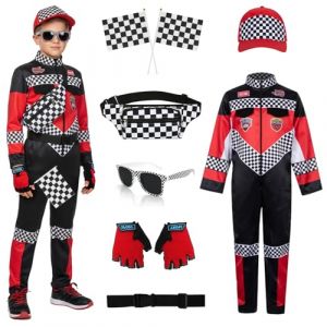 ZJKUBOIS Costume de pilote de course pour enfant gar&ccedil;on - Accessoires de costume de course avec casquette de course, gants, sac banane, lunettes de soleil, mini drapeau &agrave; carreaux, formule 1 (ZZJINN, neuf)