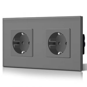 BSEED Double prise Schuko Normal - 2 prises - Norme UE - Encastrée - Avec câble de terre - Installation facile - Plaque en verre cristal - 16 A - 250 V - Rallonge de 157 mm - Gris (Bseed-EU, neuf)