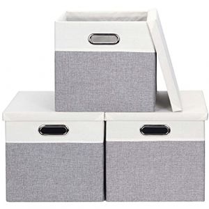 Febzoce Lot de 3 bo&icirc;tes de rangement avec couvercles - Cubes de rangement pour &eacute;tag&egrave;res - Pliable - En tissu - Gris clair et blanc - 28 x 28 x 28 cm (Sunsun Life, neuf)