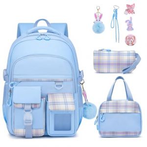 KEBEIXUAN Cartable Fille Primaire Kawaii - Set de 3 Pi&egrave;ces Complet - Sac &agrave; Dos Scolaire, Trousse et Sac Repas pour Filles 6-11 Ans (CP au CM2), Bleu (MY-XYX, neuf)