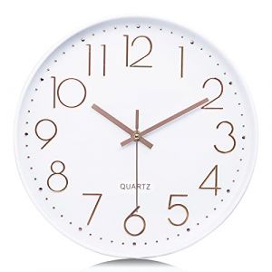 Lafocuse 30cm Horloge Murale Blanc Moderne Silencieuse, Chiffres 3D Or Rose Pendules Murales Facile &agrave; Lire, sans Tic-tac D&eacute;co pour Cuisine Salon Chambre Bureau (QuareBest, neuf)
