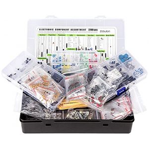 Assortiment de 2 200 composants électroniques - condensateurs, résistances, transistors, inducteurs, diodes, potentiomètres, circuit intégré, LED, photorésistance, circuit imprimé (ZEBULON EU, neuf)