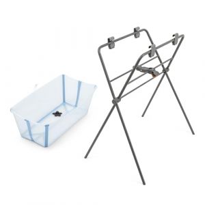 Stokke Flexi Bath (Bleu oc&eacute;an) + Support Flexi Bath - Baignoire pour b&eacute;b&eacute;s jusqu'&agrave; 10 kg - Pliable, durable et facile &agrave; ranger - Pratique &agrave; utiliser &agrave; la maison ou en voyage (HEUREUX BEBES, neuf)